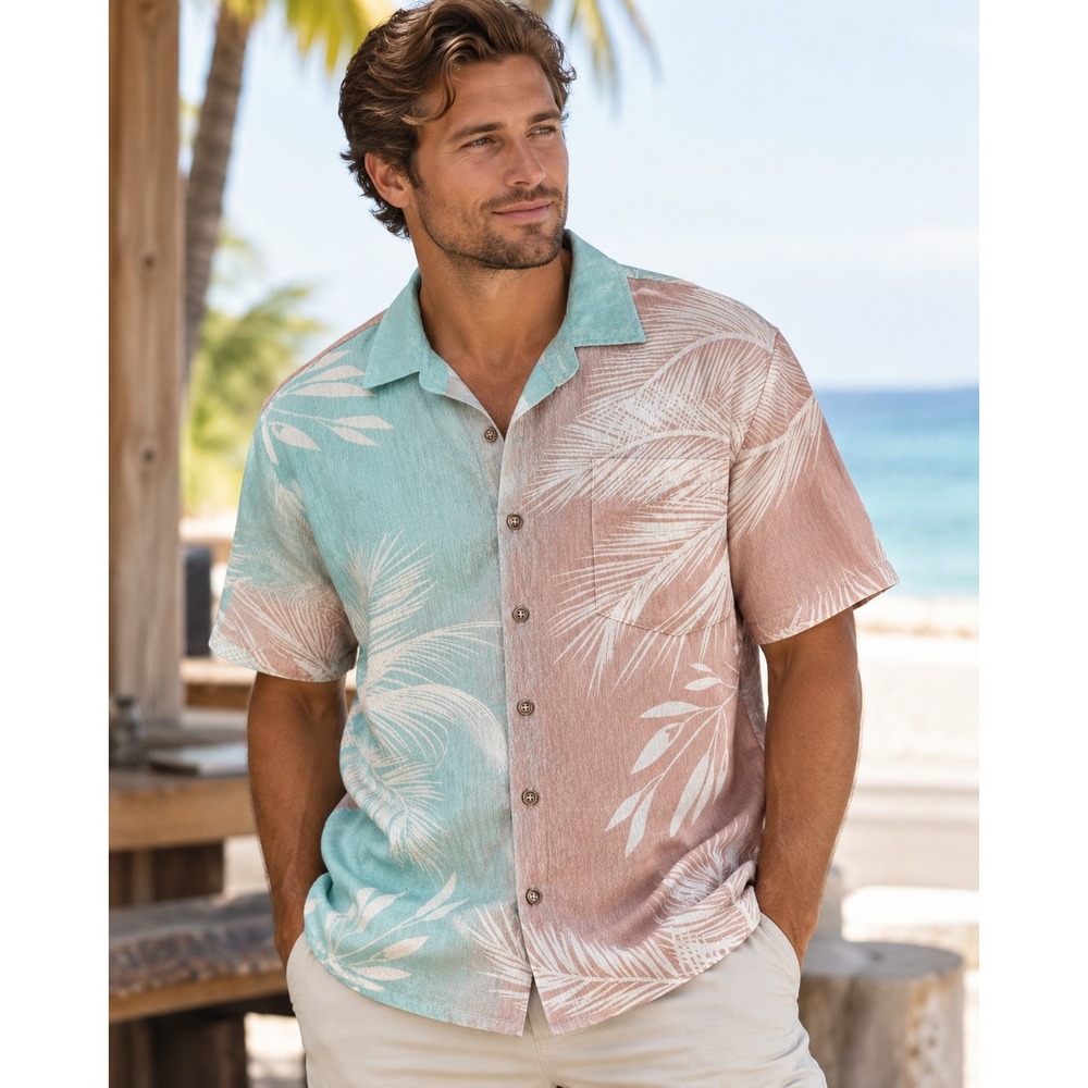 Royaura Hawaiian Shirt Mens XL Teal Pink Split Palm Leaf Tropical Button Down